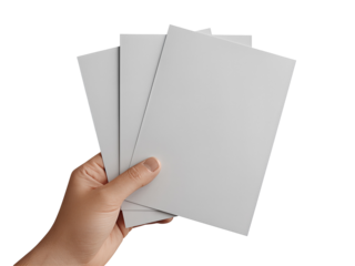 Hand holding blank white flyers mockup design for business promotion Isolated on transparent background, png