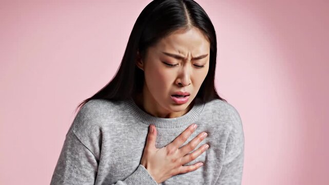Woman Experiencing Chest Pain on Pink Background, Close Up, Medical Theme and Healthcare