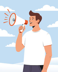 Man is speaking in a megaphone, flat design