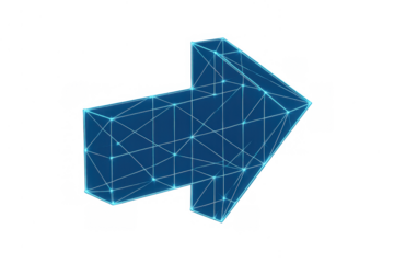 Blue polygonal arrow representing data flow, digital direction, network connection, technology concept, wireframe design