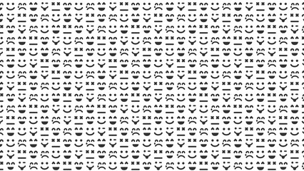 A seamless pattern of various black and white emoji faces with different expressions and orientations