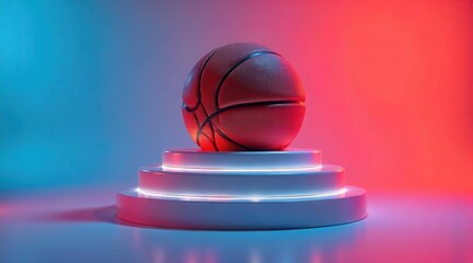 A celebrated spherical object of sport rests on a multi-tiered display platform under dramatic atmospheric lighting.