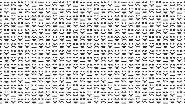 A seamless pattern of various black and white emoji faces with different expressions and orientations