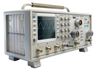 A detailed view of a vintage oscilloscope with waveform display and control panel features on transparent background