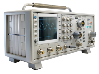 A detailed view of a vintage oscilloscope with waveform display and control panel features on transparent background