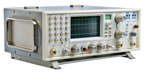 A close up shot of a vintage oscilloscope with a green display and various knobs and buttons on transparent background
