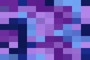 Abstract pixel art background with a vibrant mosaic grid of squares in varying shades of blue, purple, and lavender for modern digital design.