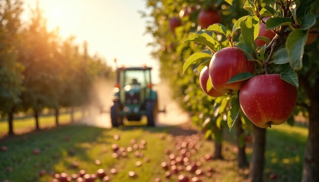 Red apples grow on orchard trees while tractor sprays pesticide. Farmer protects crop from bugs and blight. Harvest season approaches with healthy fruit ready soon.