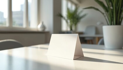 Blank white tent card on modern office table with potted plant and sunlight. Clean and minimalist workspace with sleek design. Empty card for branding or information display.