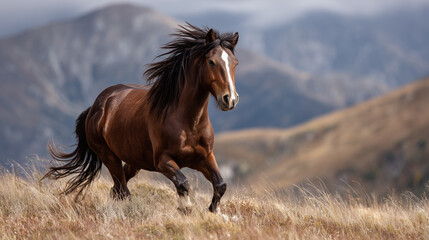 Majestic brown horse with a flowing mane galloping across a dry grassy mountain landscape under a clear sky.