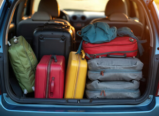 Packed car trunk ready for a road trip. Suitcases bags and travel gear inside auto. Family journey summer holiday vacation adventure exploration and preparation