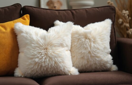White furry pillows, yellow cushion rest on brown couch. Cozy home decor creates warm comfy living room space. Modern sofa furniture for relaxation. Apartment hotel interior design. Soft textiles for - Powered by Adobe