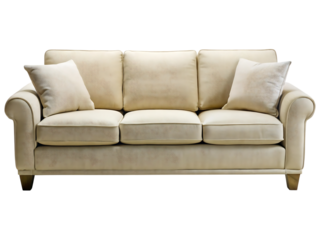 A cream colored sofa with three cushions and two pillows against a black background in a studio shot on transparent background