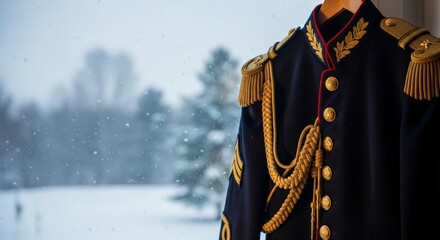 Ornate Military Uniform with Gold Epaulets Against Snowy Winter Landscape.