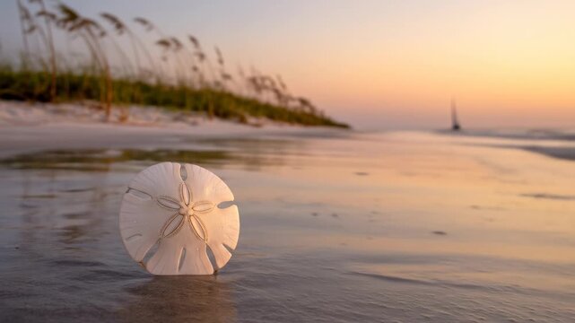 A sand dollar rests on a wet sandy beach with ocean waves, a sunset sky, and sea grass in the background