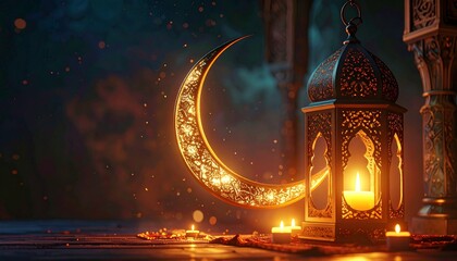 Enchanting golden crescent moon and glowing lantern cast a warm light on a sacred night, embodying a beautiful spiritual celebration and ancient tradition