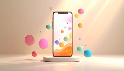 Modern smartphone showcasing vibrant abstract visuals and dynamic floating spheres, symbolizing innovative digital experiences and creative technology