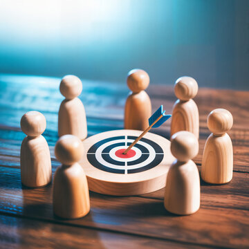 Team alignment and goal setting concept with wooden figures around a bullseye &mdash; leadership, collaboration and organizational focus on common