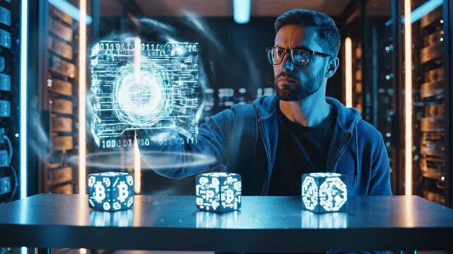 IT specialist interacts with blockchain hologram. Man analyzes data on a futuristic interface. This specialist works with bitcoin technology. Cryptocurrency and fintech concept with man in data center