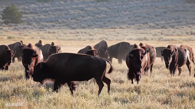 Herd of American bison grazing on the prairie.