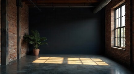 Fototapeta premium Interior space with exposed brick walls and sunlight streaming through a large window onto the floor