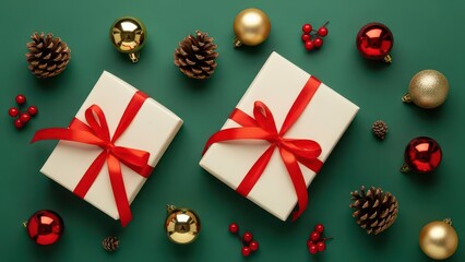 Festive christmas flat lay featuring two wrapped gift boxes with red ribbons pine cones and shiny baubles on a green background