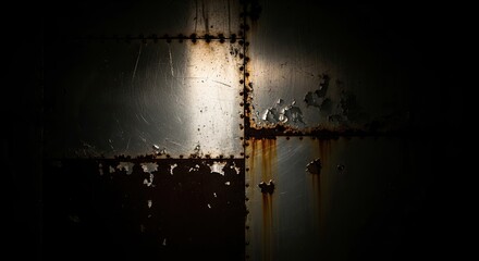 Industrial metal wall with rust and peeling paint creating a textured abstract background for grunge style designs and urban decay themed projects and artistic compositions