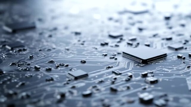 Close-up view of a complex circuit board showcasing microchips and intricate pathways in a tech-focused environment