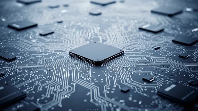 Close-up view of a microchip surrounded by circuit patterns, showcasing technology and innovation in a digital workspace