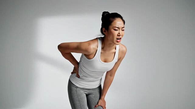 Woman Experiencing Pain Concept on White, Illustrating Physical Discomfort With Expressions