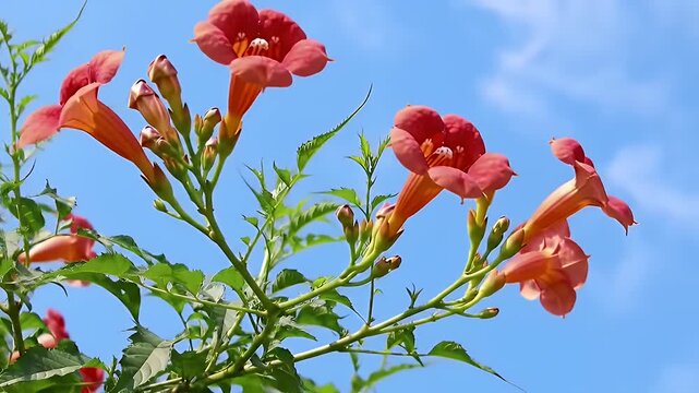Bright Red-Orange Trumpet Vine Blossoms Climbing on Green Stems Under a Clear Blue Sky