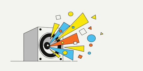 Abstract music background design vector template with notes, data chart, and set of color icons for web illustration