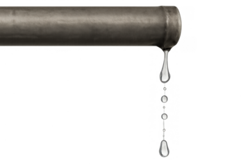 Water drops falling from a leaky pipe, illustrating waste, conservation, and plumbing issues on transparent background