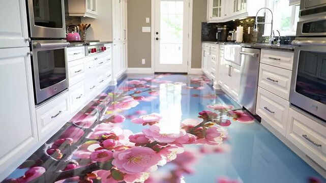 Bright white kitchen with vibrant floral floor pattern and sunlit modern appliances across a wide galley