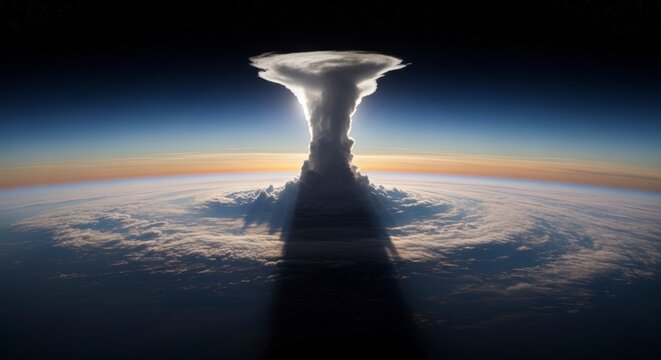 Dramatic Cloud Formation Rising Above Earths Horizon at Sunset. - Powered by Adobe