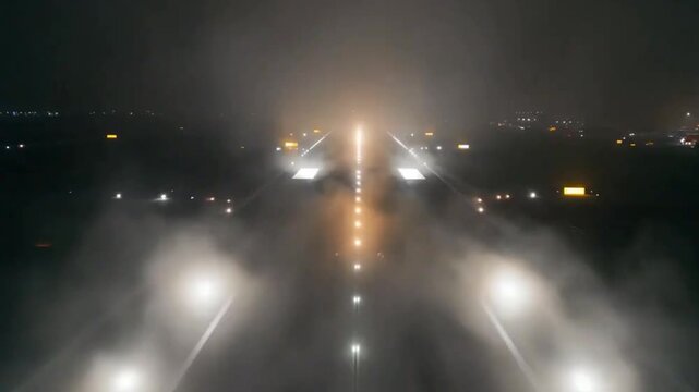 Nighttime runway lights, fog, and atmospheric perspective guide the landing of an aircraft