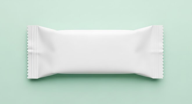 Blank white wrapper for a snack bar or candy, isolated on a light green background, studio shot