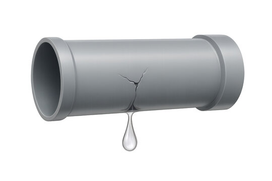 Leaking pipe showing water dripping from a crack in the gray plastic plumbing, indicating a problem or damage