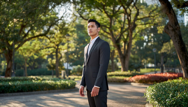 Professional Asian man in a business suit standing thoughtfully in a serene park setting, a versatile mockup image for corporate success and aspirational future concepts - Powered by Adobe