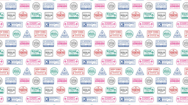 A seamless pattern of colorful passport stamps from various cities around the world on white