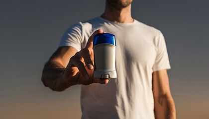 Man holding a blank stick deodorant or antiperspirant mockup, ideal for showcasing new grooming product designs, personal care branding, and advertising campaigns