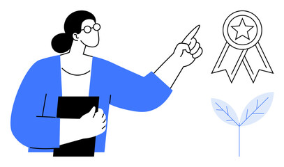 Career growth, professional recognition, leadership, achievement, personal development, success mindset. Woman pointing to award ribbon and symbolic plant. Professional recognition and leadership