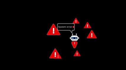 System error concept with warning icons and chatbot, showing user encountering AI or software malfunction. Ideal for illustrating technical issues, bugs, cybersecurity, or digital troubleshooting.