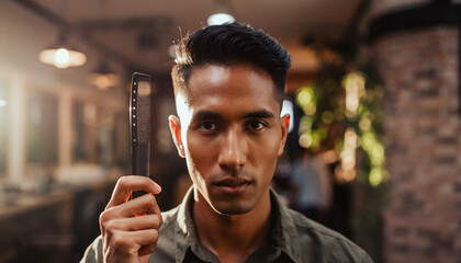 Close-up portrait of a handsome man holding a grooming comb, mockup for barber shop services