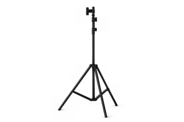 Black studio light stand for photography equipment, adjustable metal tripod setup on transparent background