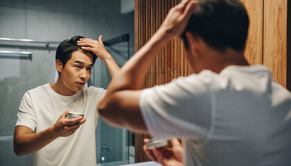 Young Asian man applying hair product in bathroom mirror, lifestyle mockup