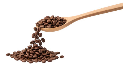 Obraz premium Coffee beans cascading from wooden spoon on black background for beverage preparation