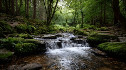 Obraz premium A tranquil forest stream cascades over moss covered rocks amidst lush green trees creating a serene natural scene