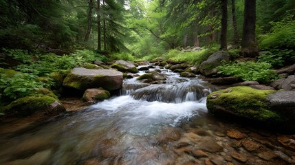 Clear forest stream cascades over mossy rocks in a lush green woodland