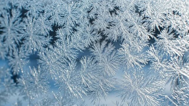 Beautiful frosty patterns of ice crystals forming on a window pane during a cold winter morning, a macro view of nature's art